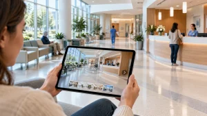Người xem dùng máy tính bảng xem VR tour bệnh viện, màn hình hiển thị sảnh tiếp đón và quầy đăng ký 360 độ