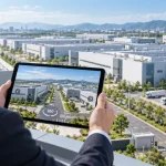Nhà đầu tư cầm máy tính bảng xem VR tour khu công nghiệp, phía sau là các nhà xưởng mái trắng