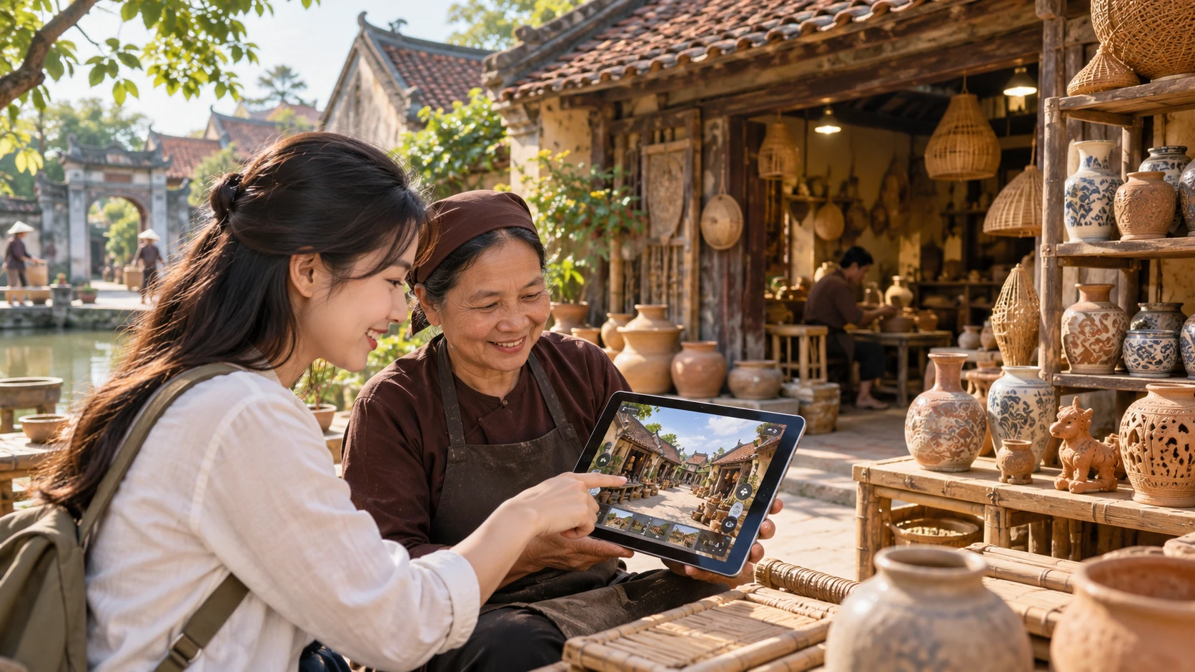 Du khách và nghệ nhân làng nghề cùng xem tour 360 trên máy tính bảng tại xưởng gốm