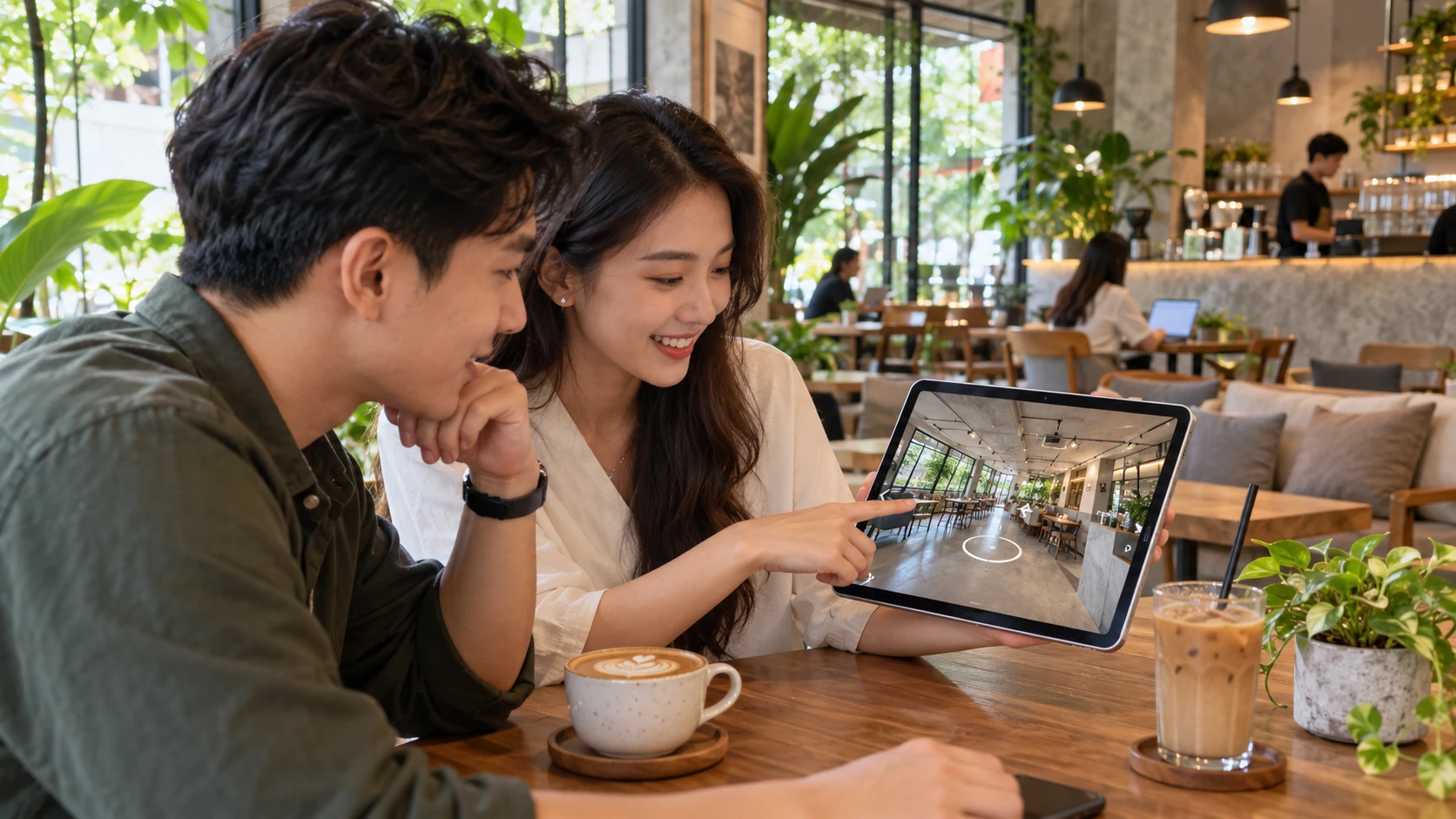 Cặp đôi ngồi trong quán cafe xem virtual tour quán cafe trên máy tính bảng, phía sau là quầy pha chế