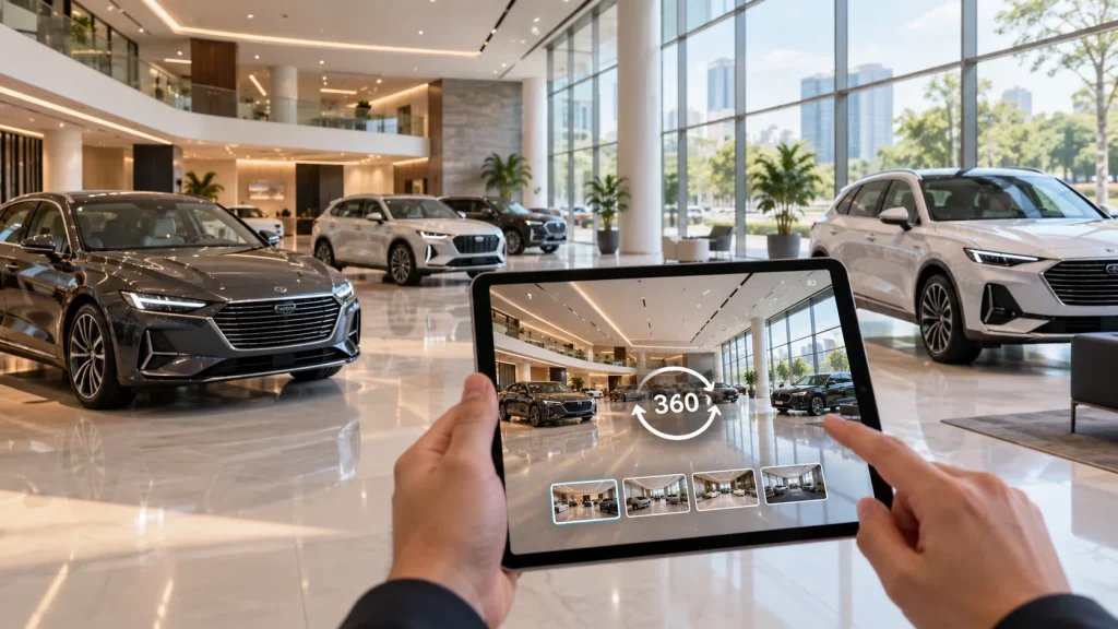 Khách dùng máy tính bảng xem virtual tour showroom ô tô 360 độ ngay giữa sảnh trưng bày xe