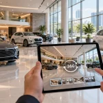 Khách dùng máy tính bảng xem virtual tour showroom ô tô 360 độ ngay giữa sảnh trưng bày xe
