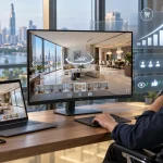 Người dùng xem VR tour căn hộ trên màn hình lớn và laptop, minh hoạ VR tour tăng tỷ lệ chuyển đổi trên website
