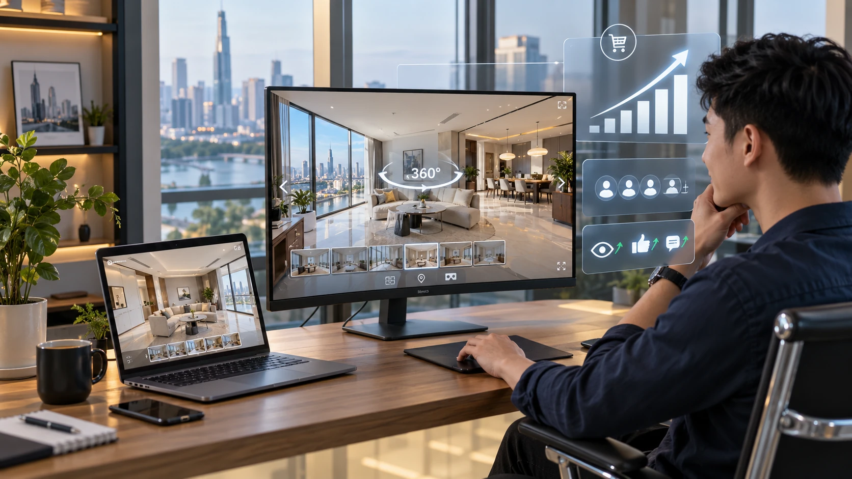 Người dùng xem VR tour căn hộ trên màn hình lớn và laptop, minh hoạ VR tour tăng tỷ lệ chuyển đổi trên website