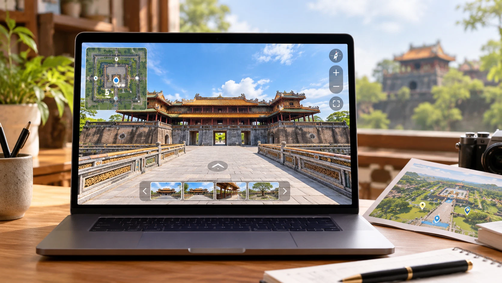 Giao diện trải nghiệm VR360 di tích kiến trúc cổ truyền với các điểm chạm thông tin Hotspot