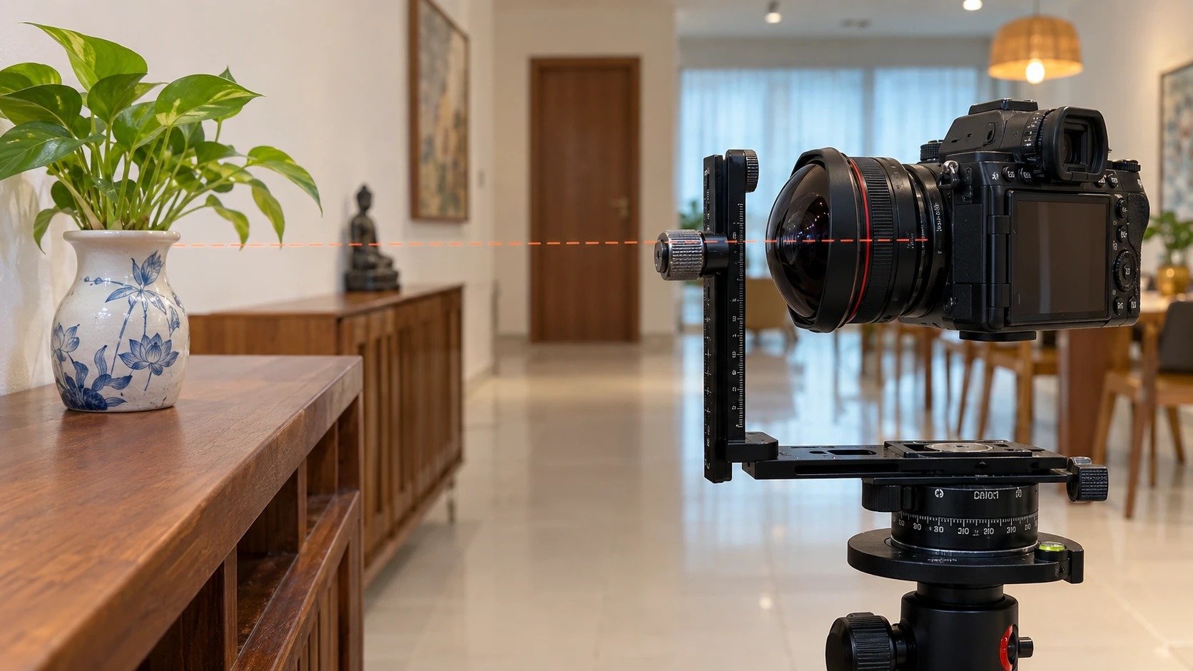 Máy ảnh fisheye trên thanh trượt dọc, đường ngắm thẳng hàng với bình hoa phía trước để tìm điểm không thị sai
