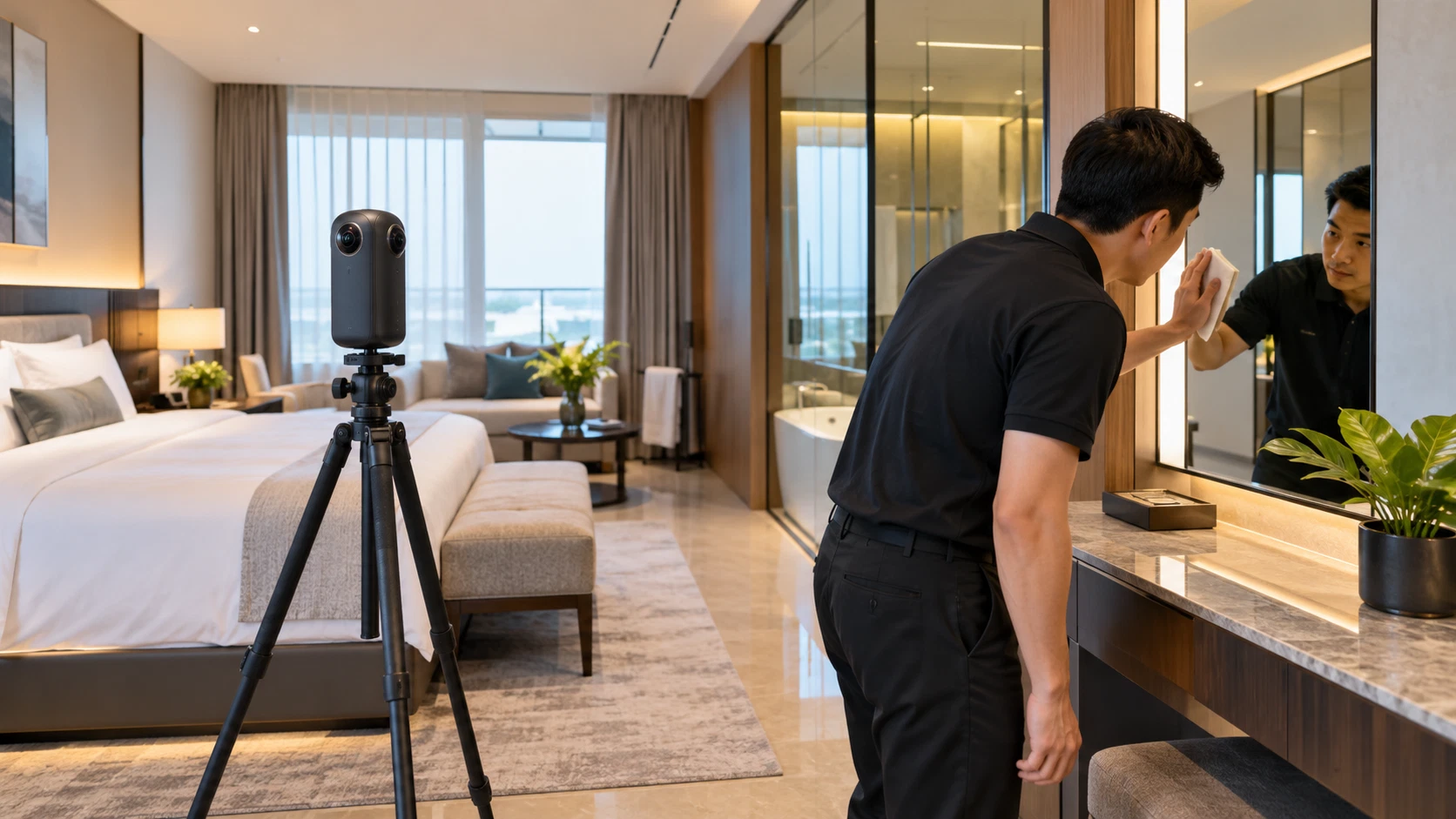 Kỹ thuật đánh dấu vị trí gương soi và vách kính phản quang để ekip xóa bóng máy ảnh và nhân sự