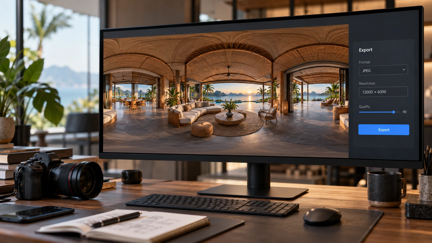 Ảnh equirectangular tỷ lệ 2:1 xuất từ PTGui, khung Export đặt độ phân giải 12000 × 6000